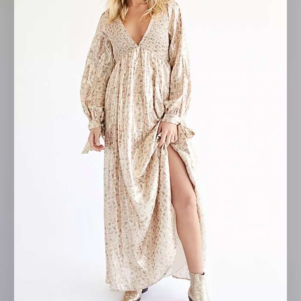 Free People Luxalina Metallic Silk Shimmer V Neck Maxi Dress